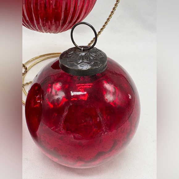 Lot Of 3 Kugel Style RED Mercury Crackle Glass Christmas Ornaments Heavy 4" - Picture 7 of 8
